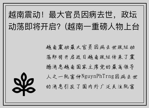 越南震动！最大官员因病去世，政坛动荡即将开启？(越南一重磅人物上台)