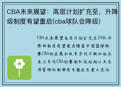 CBA未来展望：高层计划扩充至，升降级制度有望重启(cba球队会降级)