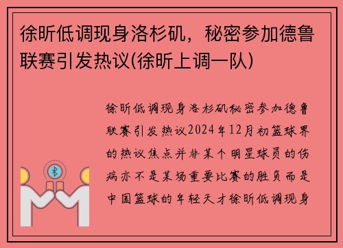 徐昕低调现身洛杉矶，秘密参加德鲁联赛引发热议(徐昕上调一队)